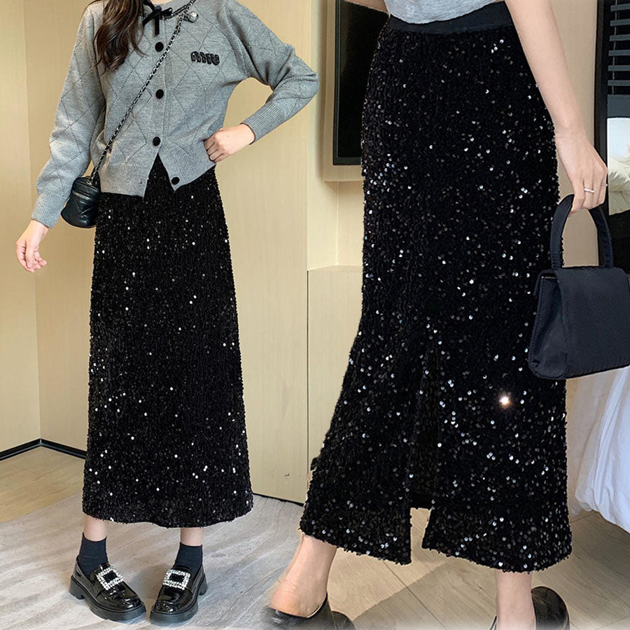 ショッピングゴー shoppinggo スパンコールスカート スリット ミディー丈 タイトスカート ボトムス ミモレ丈 シャイニー ナロースカート 光沢 裏地つき マーメイドライン