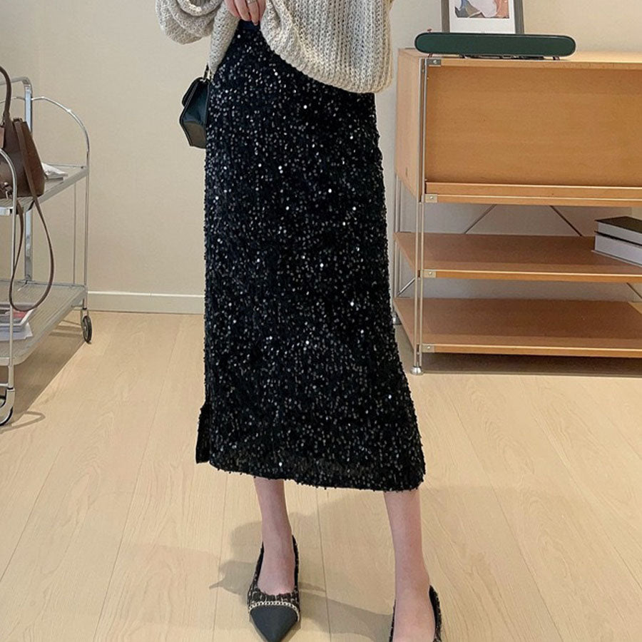 ショッピングゴー shoppinggo スパンコールスカート スリット ミディー丈 タイトスカート ボトムス ミモレ丈 シャイニー ナロースカート 光沢 裏地つき マーメイドライン
