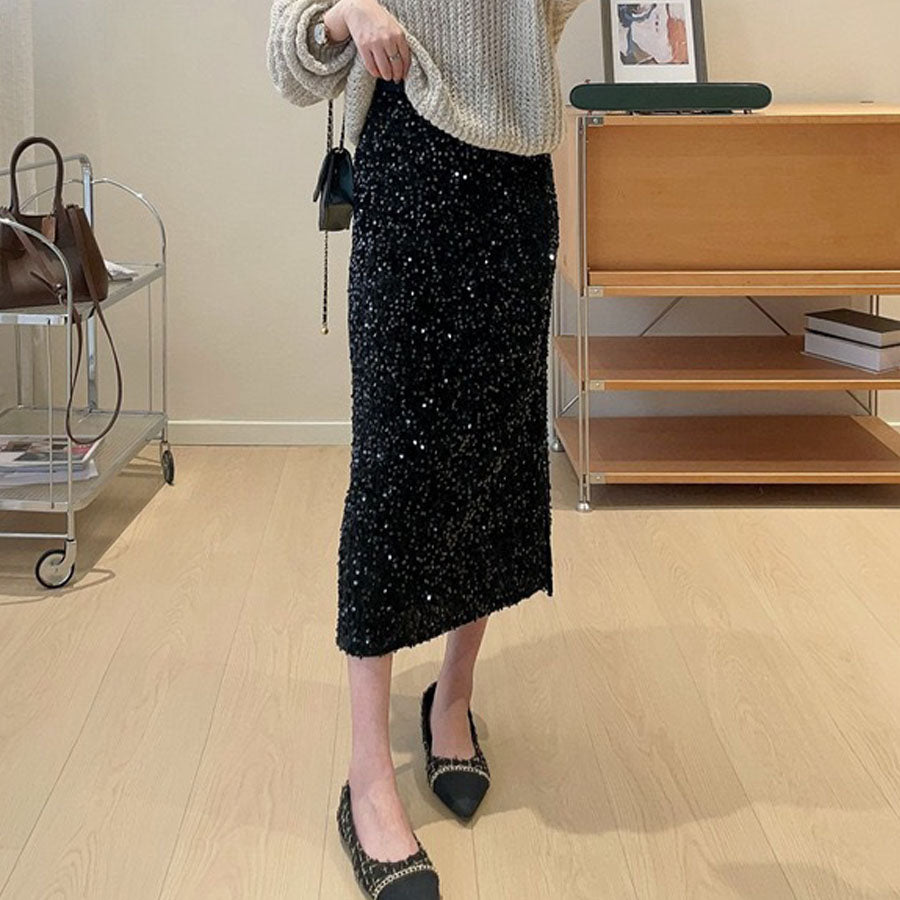 ショッピングゴー shoppinggo スパンコールスカート スリット ミディー丈 タイトスカート ボトムス ミモレ丈 シャイニー ナロースカート 光沢 裏地つき マーメイドライン