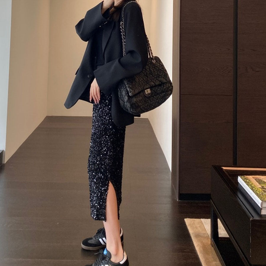 ショッピングゴー shoppinggo スパンコールスカート スリット ミディー丈 タイトスカート ボトムス ミモレ丈 シャイニー ナロースカート 光沢 裏地つき マーメイドライン