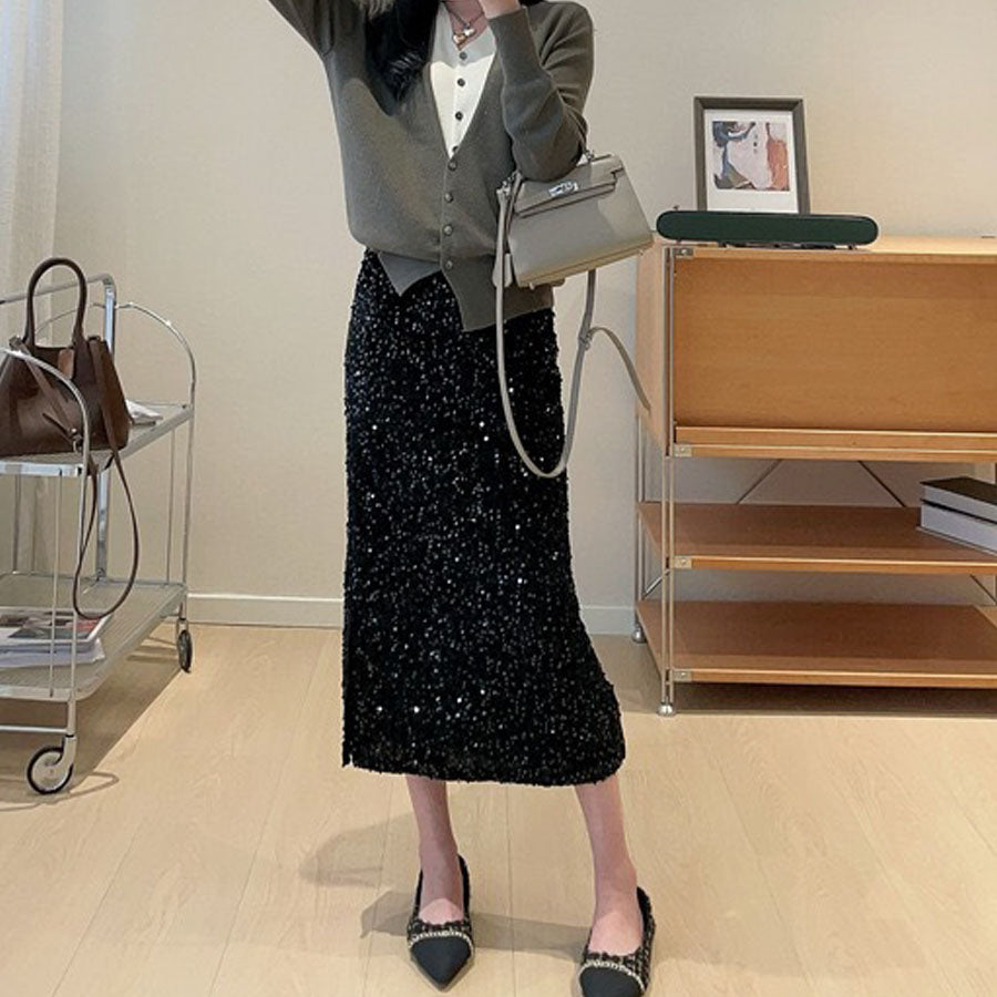 ショッピングゴー shoppinggo スパンコールスカート スリット ミディー丈 タイトスカート ボトムス ミモレ丈 シャイニー ナロースカート 光沢 裏地つき マーメイドライン