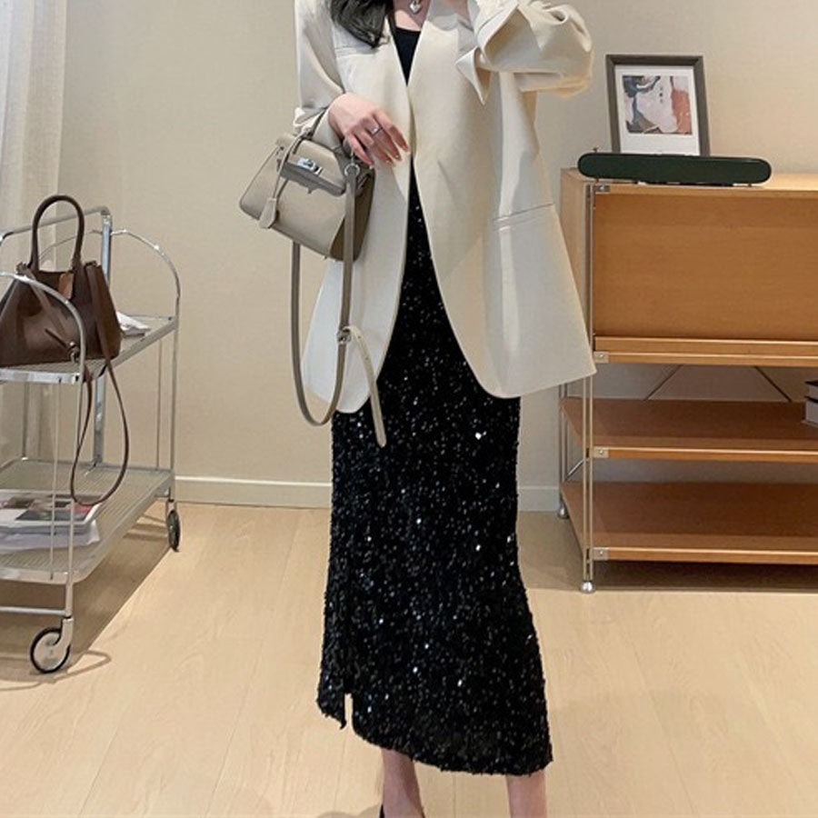 ショッピングゴー shoppinggo スパンコールスカート スリット ミディー丈 タイトスカート ボトムス ミモレ丈 シャイニー ナロースカート 光沢 裏地つき マーメイドライン