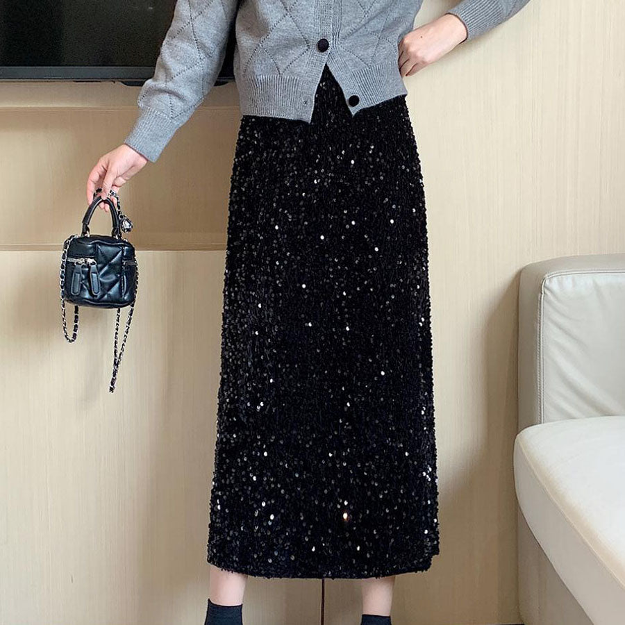 ショッピングゴー shoppinggo スパンコールスカート スリット ミディー丈 タイトスカート ボトムス ミモレ丈 シャイニー ナロースカート 光沢 裏地つき マーメイドライン