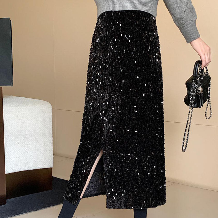 ショッピングゴー shoppinggo スパンコールスカート スリット ミディー丈 タイトスカート ボトムス ミモレ丈 シャイニー ナロースカート 光沢 裏地つき マーメイドライン