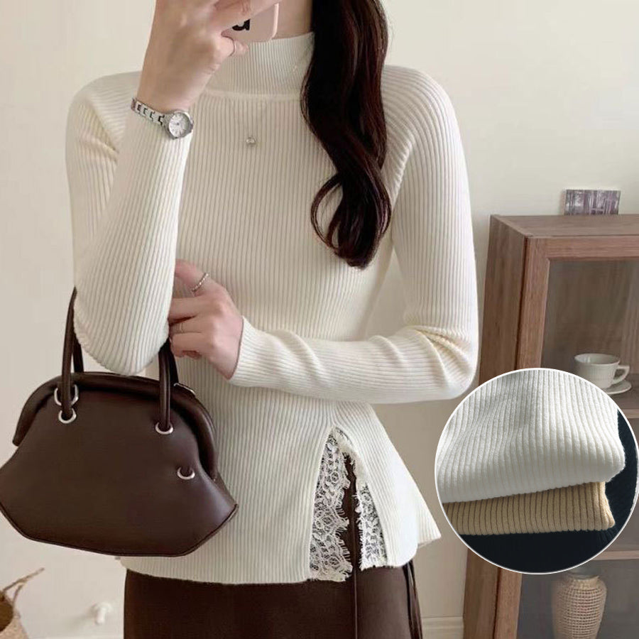 ショッピングゴー shoppinggo ニットセーター レース切り替え レディース 長袖 サイドスリット リブニット チュールネック ハイネック 無地 薄手 オフィス OL 通勤通学 きれいめ