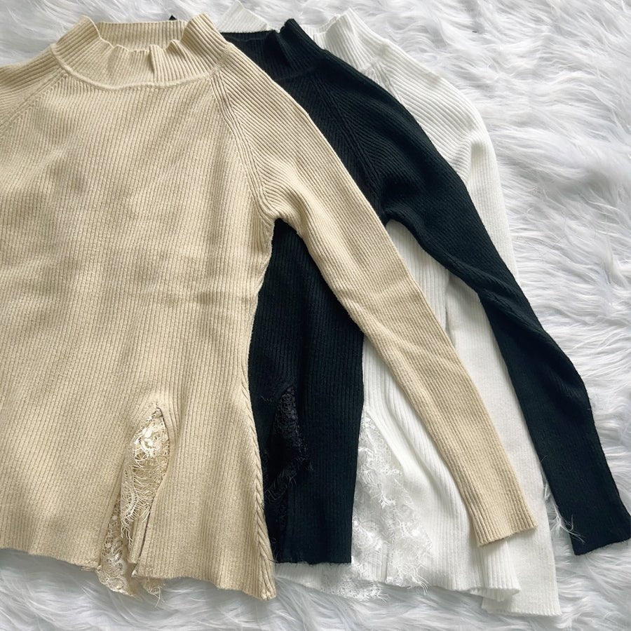 ショッピングゴー shoppinggo ニットセーター レース切り替え レディース 長袖 サイドスリット リブニット チュールネック ハイネック 無地 薄手 オフィス OL 通勤通学 きれいめ