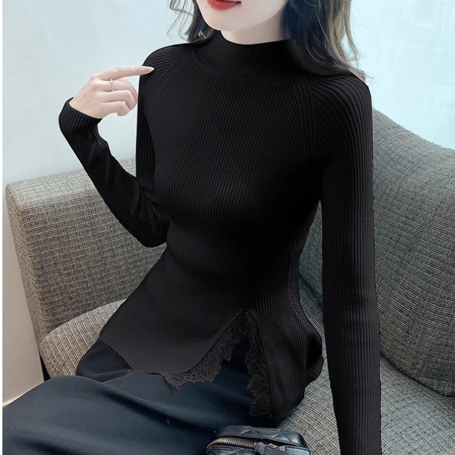 ショッピングゴー shoppinggo ニットセーター レース切り替え レディース 長袖 サイドスリット リブニット チュールネック ハイネック 無地 薄手 オフィス OL 通勤通学 きれいめ