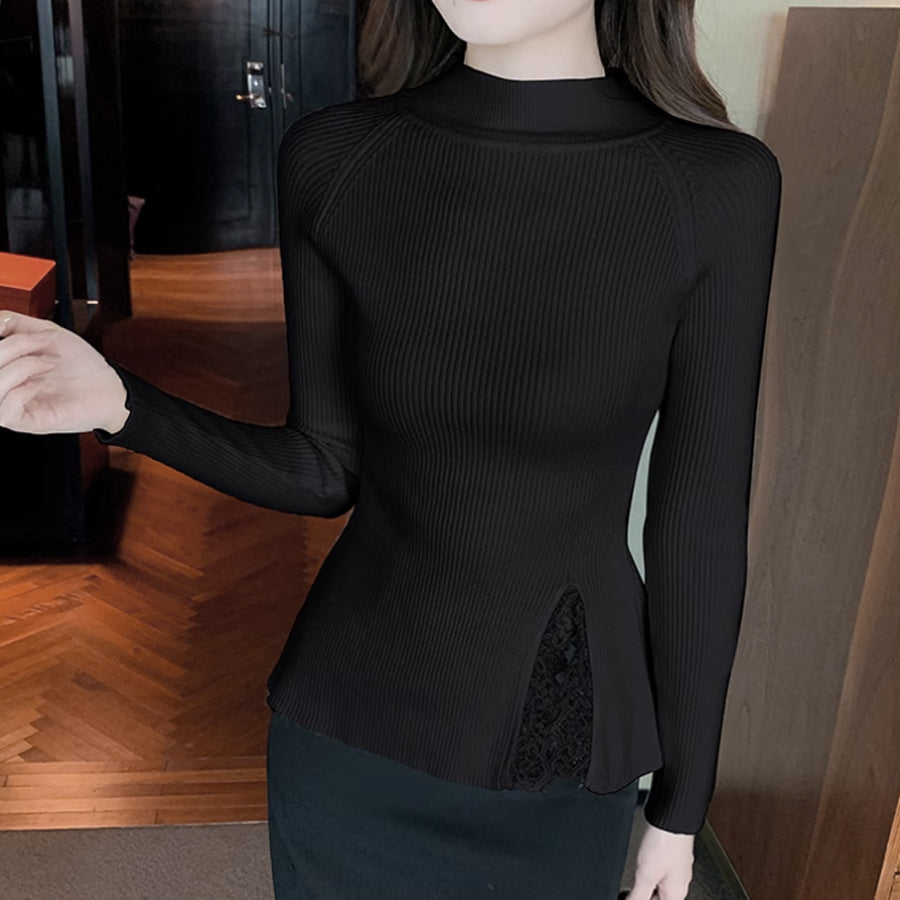 ショッピングゴー shoppinggo ニットセーター レース切り替え レディース 長袖 サイドスリット リブニット チュールネック ハイネック 無地 薄手 オフィス OL 通勤通学 きれいめ