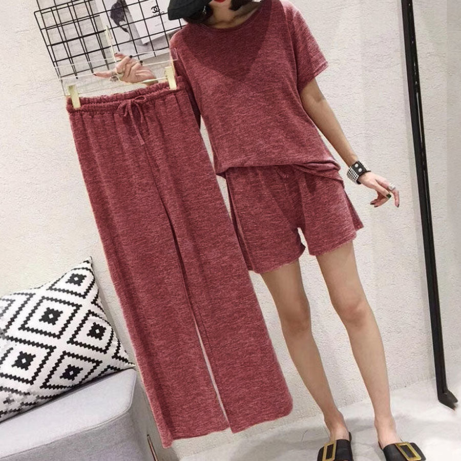 ショッピングゴー shoppinggo パジャマ ルームウェア3点セット レディース 半袖 Tシャツ 上下セット 部屋着 寝巻き 長ズボン ショートパンツ 韓国風 春 秋 冬,レッド