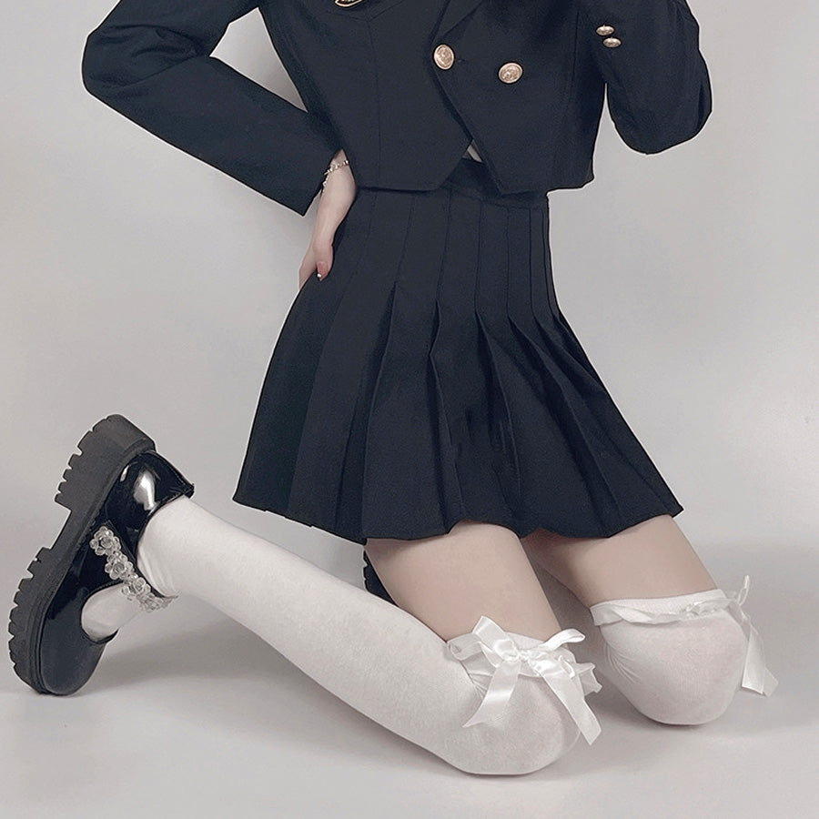 ショッピングゴー shoppinggo ニーハイソックス フリル&リボン付き レディース 靴下 くつ下 膝上 ひざ下 ニーソ フェイクタイツ 伸縮性 くつした ソックス 美脚ハイソックス