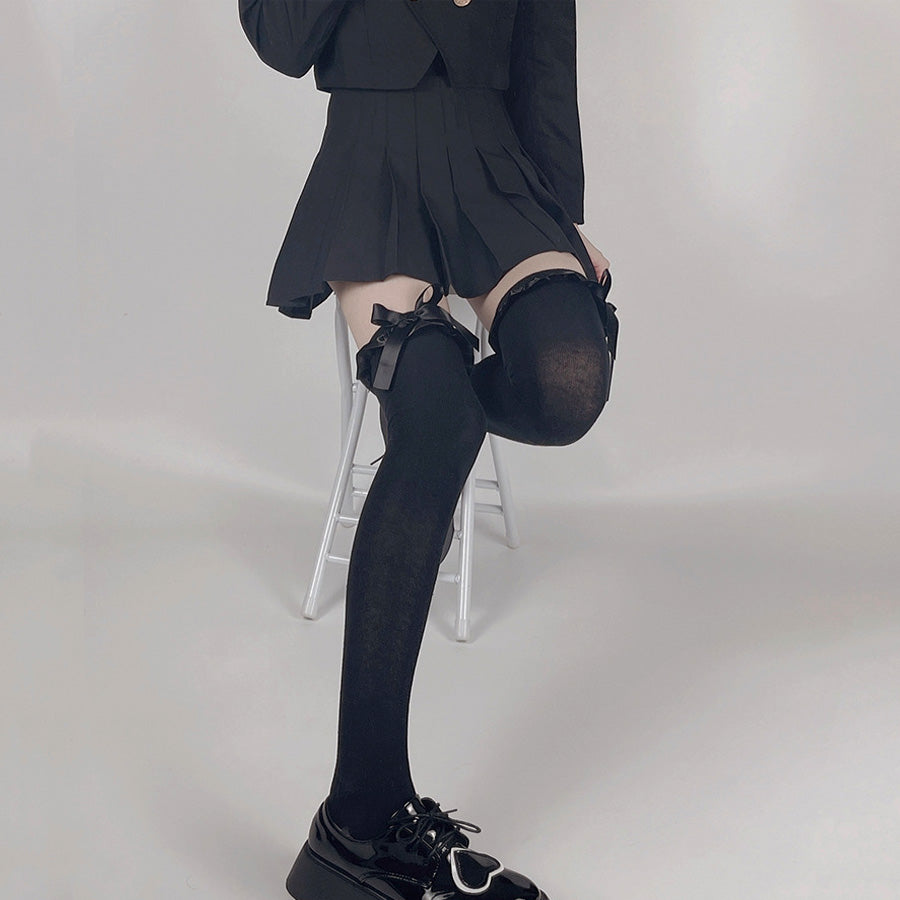 ショッピングゴー shoppinggo ニーハイソックス フリル&リボン付き レディース 靴下 くつ下 膝上 ひざ下 ニーソ フェイクタイツ 伸縮性 くつした ソックス 美脚ハイソックス