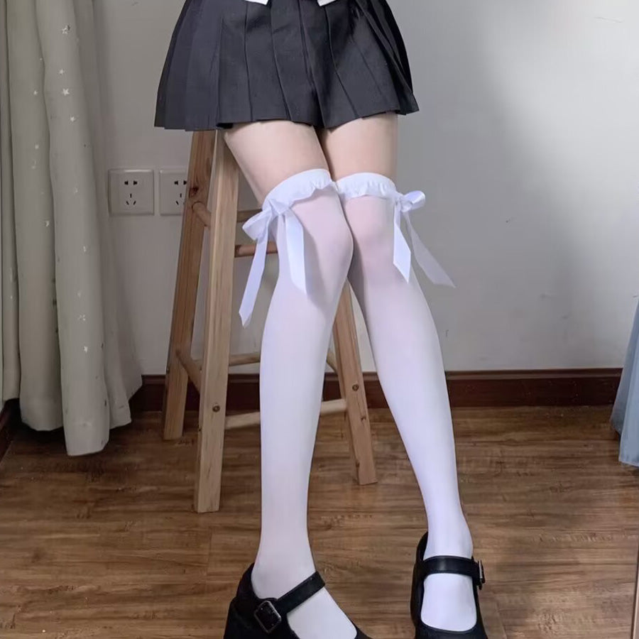 ショッピングゴー shoppinggo ニーハイソックス フリル&リボン付き レディース 靴下 くつ下 膝上 ひざ下 ニーソ フェイクタイツ 伸縮性 くつした ソックス 美脚ハイソックス