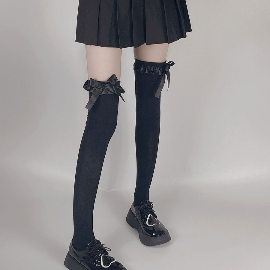 ショッピングゴー shoppinggo ニーハイソックス フリル&リボン付き レディース 靴下 くつ下 膝上 ひざ下 ニーソ フェイクタイツ 伸縮性 くつした ソックス 美脚ハイソックス,ブラック