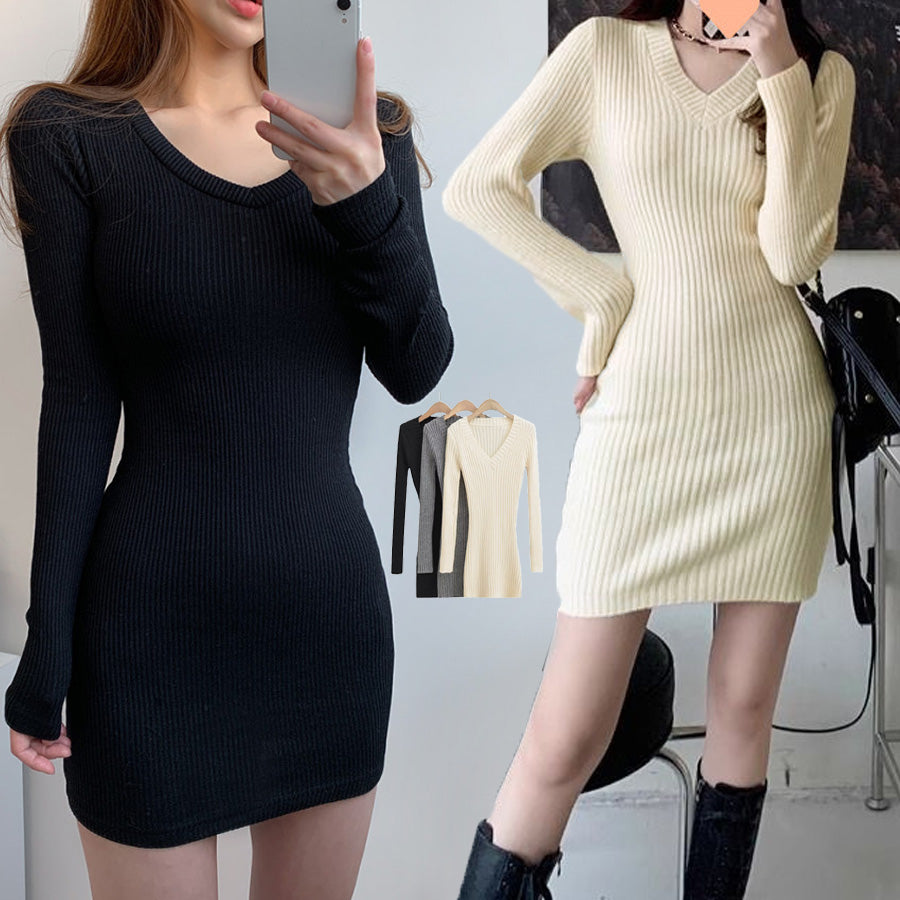 ショッピングゴー shoppinggo 緊身連衣裙 短款 針織連衣裙 修身 V領 蕾絲 女士 長袖 彈性 黑色 顯瘦 秋冬毛衣 胸前 性感 約會辦公室