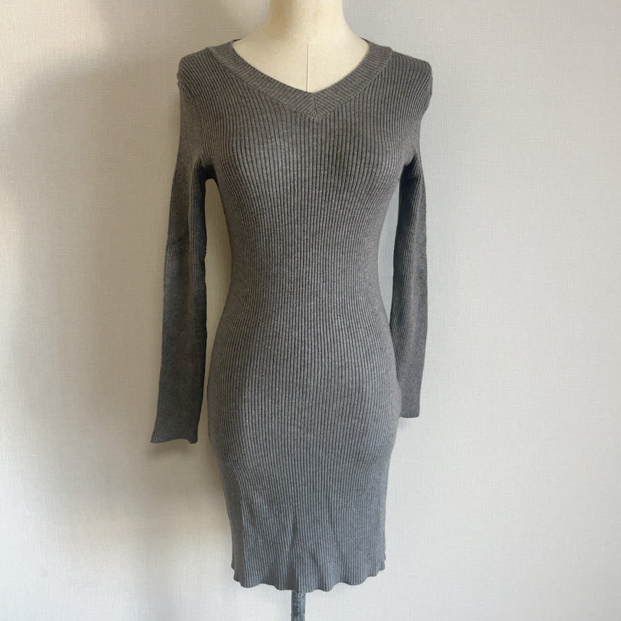 Shoppinggo Tight Dress Mini Length Knit Dress Slim Fit V-Neck Ribbed Women's Long Sleeve Stretch black Slimming Autumn Winter Sweater Sexy Neckline Date Office