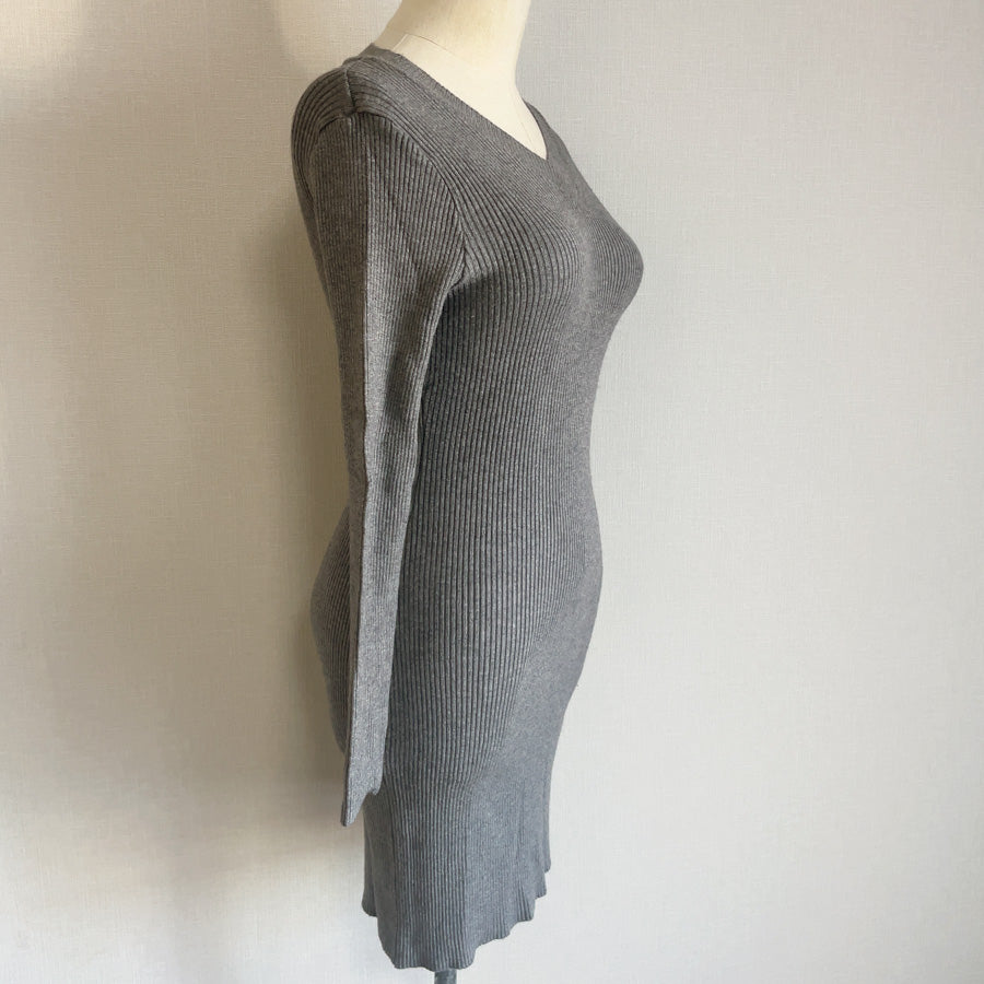 ショッピングゴー shoppinggo 緊身連衣裙 短款 針織連衣裙 修身 V領 蕾絲 女士 長袖 彈性 黑色 顯瘦 秋冬毛衣 胸前 性感 約會辦公室