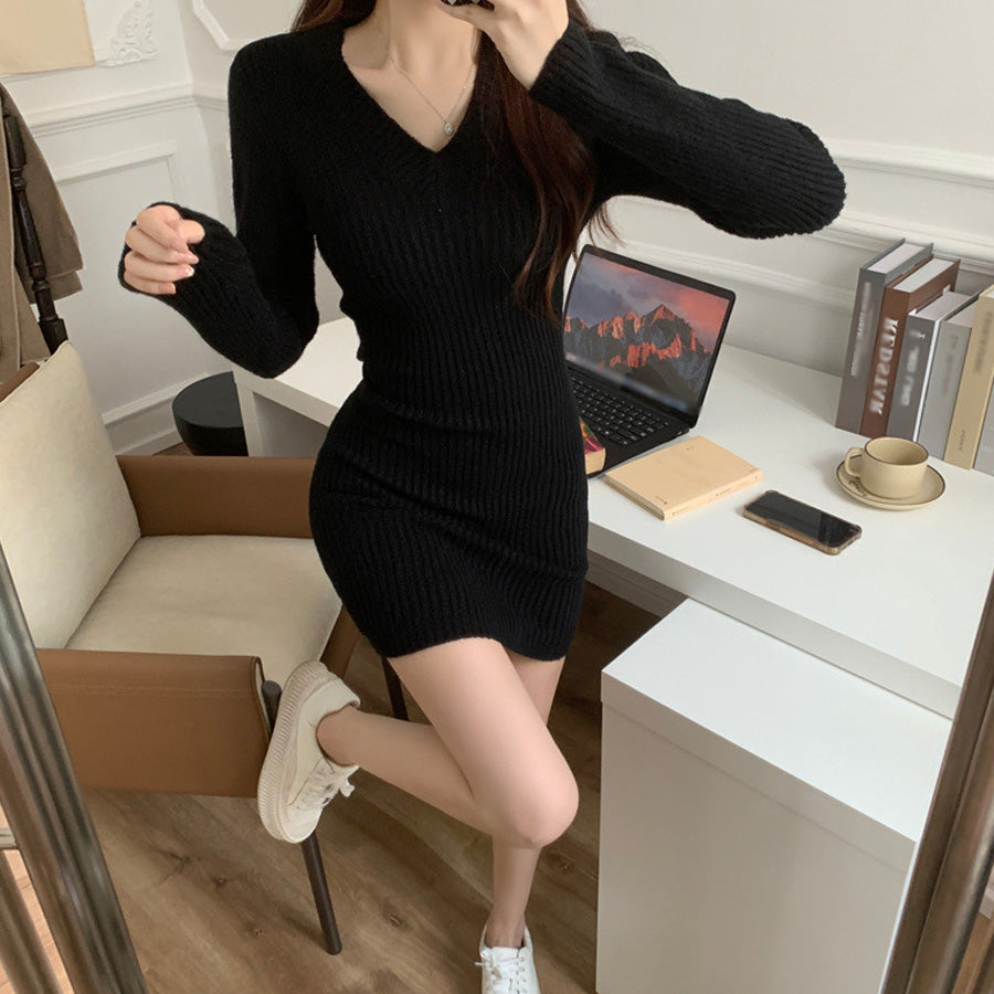 Shoppinggo Tight Dress Mini Length Knit Dress Slim Fit V-Neck Ribbed Women's Long Sleeve Stretch black Slimming Autumn Winter Sweater Sexy Neckline Date Office