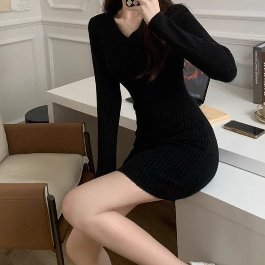 Shoppinggo Tight Dress Mini Length Knit Dress Slim Fit V-Neck Ribbed Women's Long Sleeve Stretch black Slimming Autumn Winter Sweater Sexy Neckline Date Office