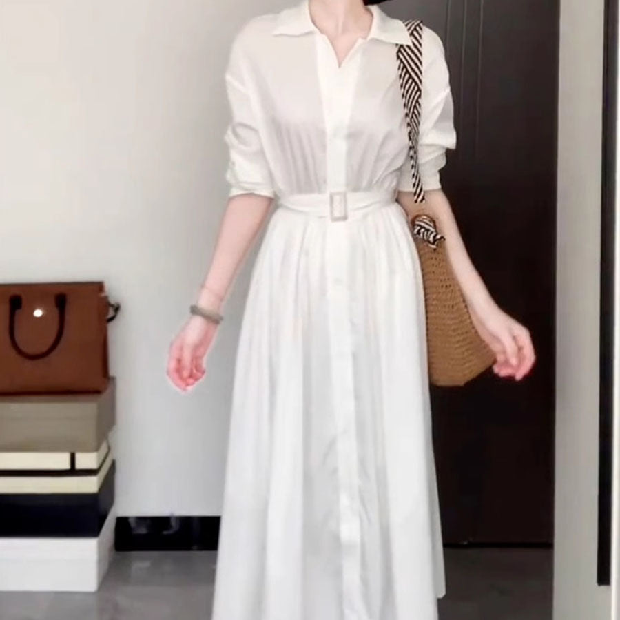 shoppinggo shirt dress White long dress women's shirt top long shirt voluminous sleeves V-neck shirt blouse flare lightweight plain stylish slimming e