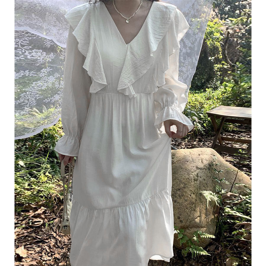 Shoppinggo One-Piece Long Sleeve V-Neck Long Flare Dress Puff Sleeve Frill Adult Midi Length A-Line Date Outing Plain Stylish Office Formal Korean Fas