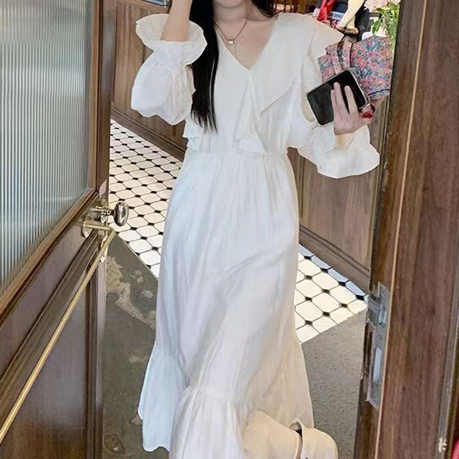 ショッピングゴー shoppinggo ワンピース 長袖 Vネック ロングフレアワンピース パフスリーブ フリル 大人 モレ丈 Aライン デート お出かけ 無地 おしゃれ オフィス フォーマル 韓国ファッション (ホワイト) ホワイト