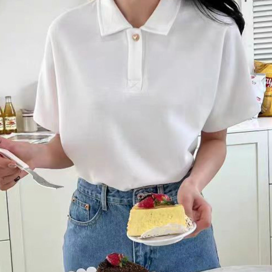 ショッピングゴー shoppinggo ハートボタン ポロシャツ 襟付き 半袖 Tシャツ クロップド丈 レディース 半袖 トップス 春夏 トップス カットソー デイリー 襟付きリブ半袖 リブtシャツ 韓国ファッション (ホワイト) ホワイト