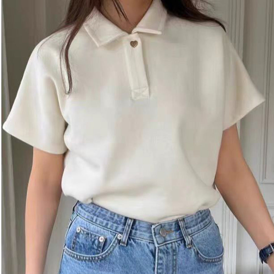 ショッピングゴー shoppinggo ハートボタン ポロシャツ 襟付き 半袖 Tシャツ クロップド丈 レディース 半袖 トップス 春夏 トップス カットソー デイリー 襟付きリブ半袖 リブtシャツ 韓国ファッション (ホワイト) ホワイト