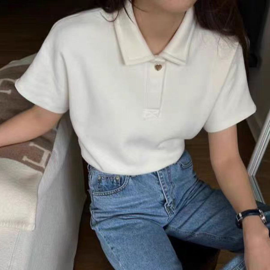 ショッピングゴー shoppinggo ハートボタン ポロシャツ 襟付き 半袖 Tシャツ クロップド丈 レディース 半袖 トップス 春夏 トップス カットソー デイリー 襟付きリブ半袖 リブtシャツ 韓国ファッション (ホワイト) ホワイト