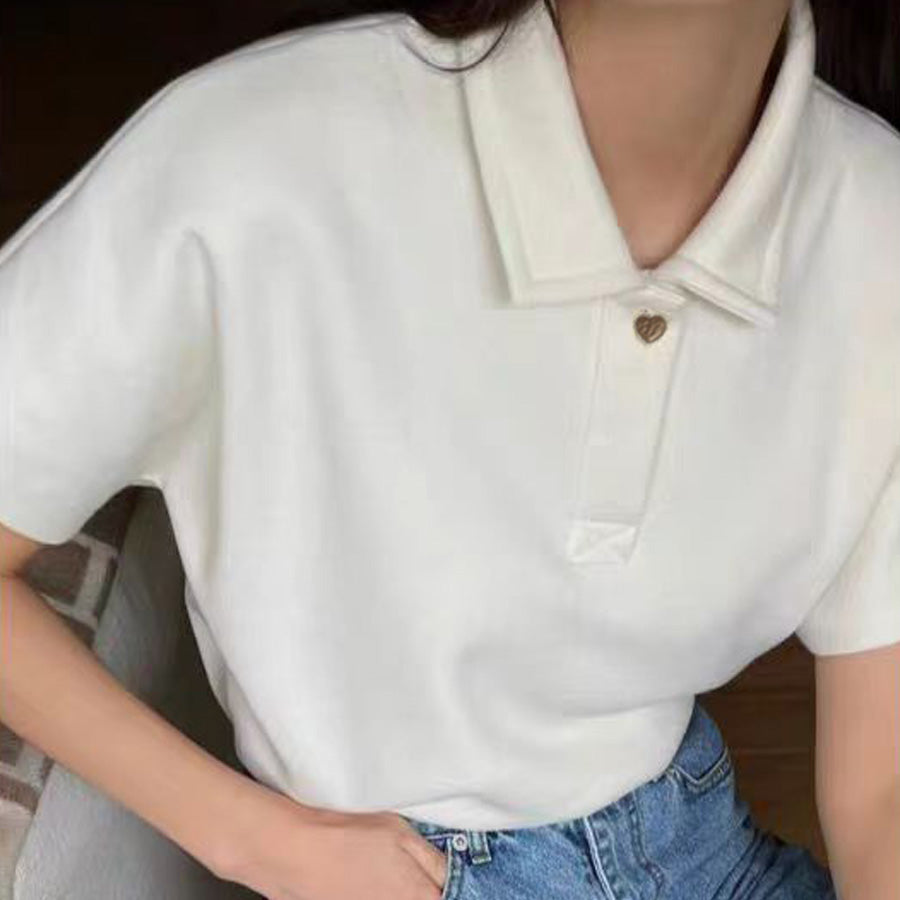 ショッピングゴー shoppinggo ハートボタン ポロシャツ 襟付き 半袖 Tシャツ クロップド丈 レディース 半袖 トップス 春夏 トップス カットソー デイリー 襟付きリブ半袖 リブtシャツ 韓国ファッション (ホワイト) ホワイト