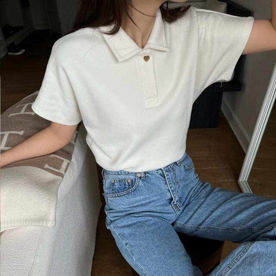 ショッピングゴー shoppinggo ハートボタン ポロシャツ 襟付き 半袖 Tシャツ クロップド丈 レディース 半袖 トップス 春夏 トップス カットソー デイリー 襟付きリブ半袖 リブtシャツ 韓国ファッション (ホワイト) ホワイト