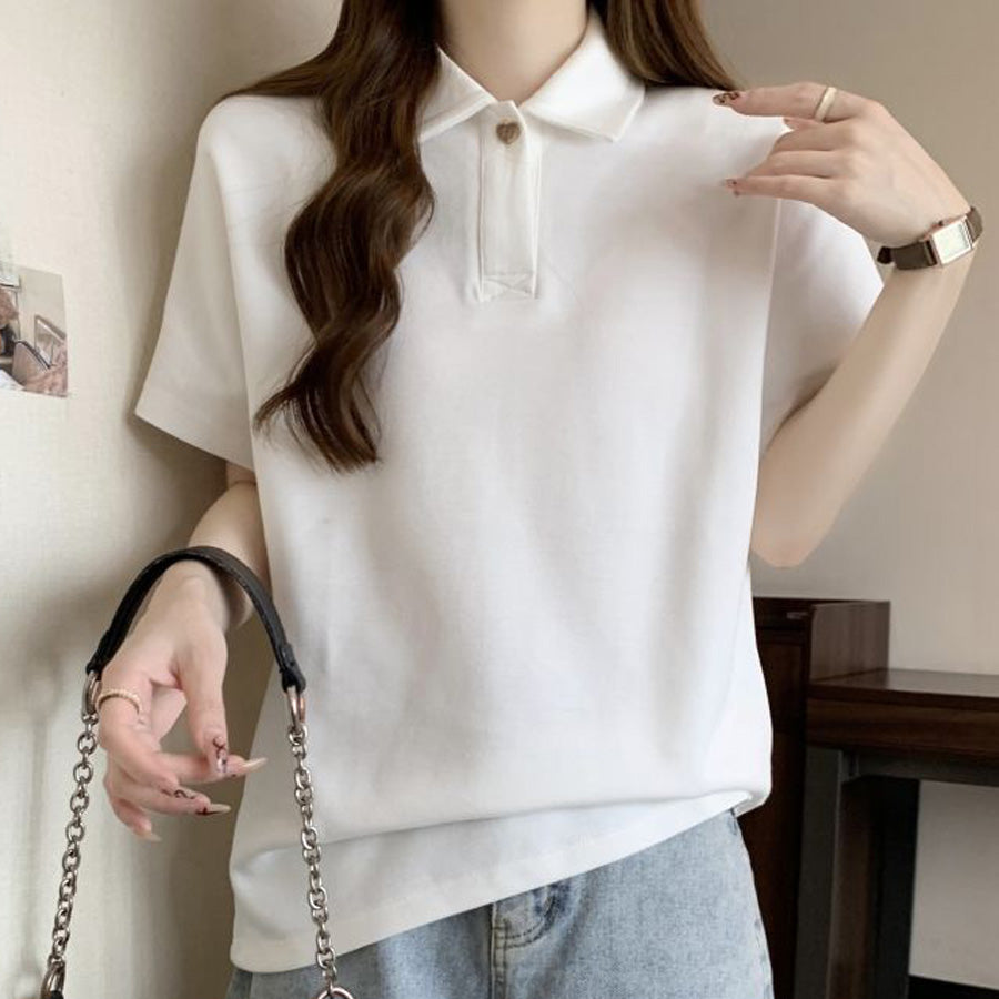 ショッピングゴー shoppinggo ハートボタン ポロシャツ 襟付き 半袖 Tシャツ クロップド丈 レディース 半袖 トップス 春夏 トップス カットソー デイリー 襟付きリブ半袖 リブtシャツ 韓国ファッション (ホワイト) ホワイト