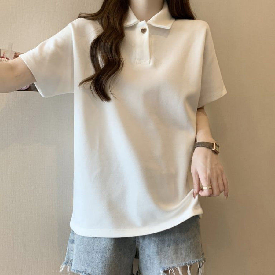 ショッピングゴー shoppinggo ハートボタン ポロシャツ 襟付き 半袖 Tシャツ クロップド丈 レディース 半袖 トップス 春夏 トップス カットソー デイリー 襟付きリブ半袖 リブtシャツ 韓国ファッション (ホワイト) ホワイト