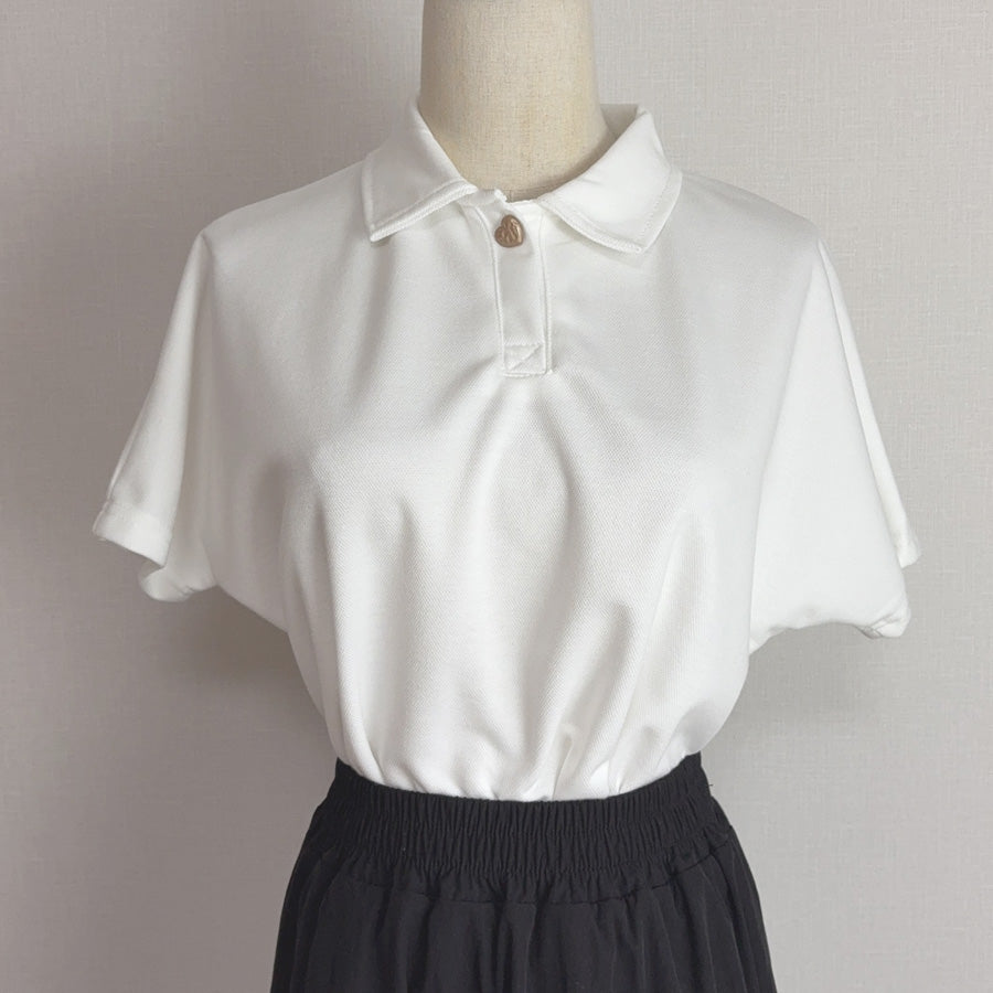 ショッピングゴー shoppinggo ハートボタン ポロシャツ 襟付き 半袖 Tシャツ クロップド丈 レディース 半袖 トップス 春夏 トップス カットソー デイリー 襟付きリブ半袖 リブtシャツ 韓国ファッション (ホワイト) ホワイト