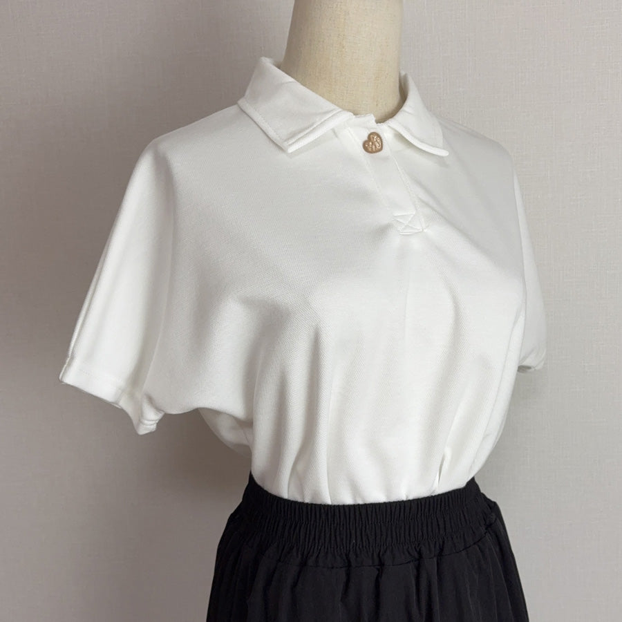 ショッピングゴー shoppinggo ハートボタン ポロシャツ 襟付き 半袖 Tシャツ クロップド丈 レディース 半袖 トップス 春夏 トップス カットソー デイリー 襟付きリブ半袖 リブtシャツ 韓国ファッション (ホワイト) ホワイト