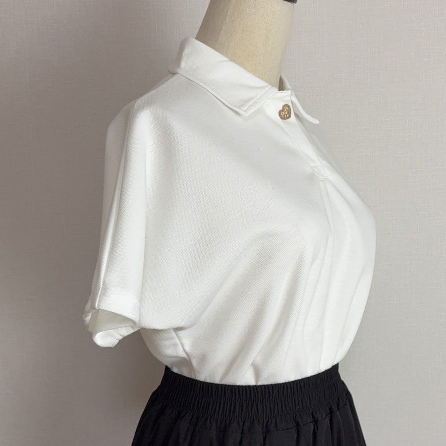 ショッピングゴー shoppinggo ハートボタン ポロシャツ 襟付き 半袖 Tシャツ クロップド丈 レディース 半袖 トップス 春夏 トップス カットソー デイリー 襟付きリブ半袖 リブtシャツ 韓国ファッション (ホワイト) ホワイト