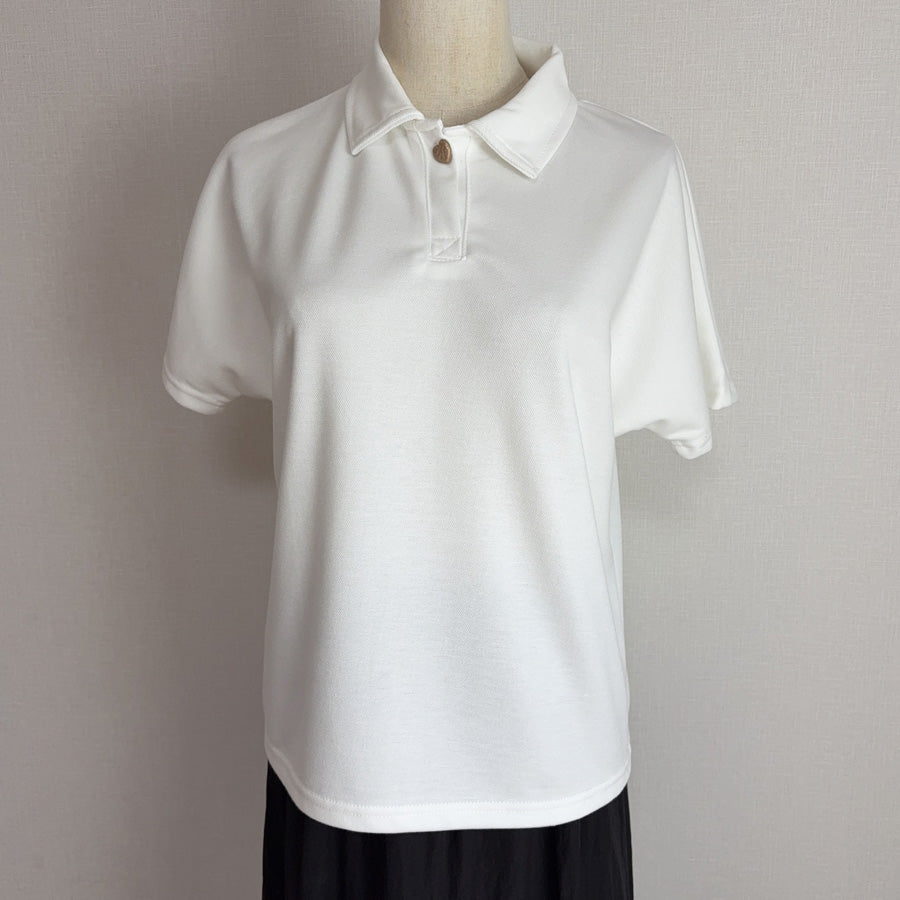 ショッピングゴー shoppinggo ハートボタン ポロシャツ 襟付き 半袖 Tシャツ クロップド丈 レディース 半袖 トップス 春夏 トップス カットソー デイリー 襟付きリブ半袖 リブtシャツ 韓国ファッション (ホワイト) ホワイト