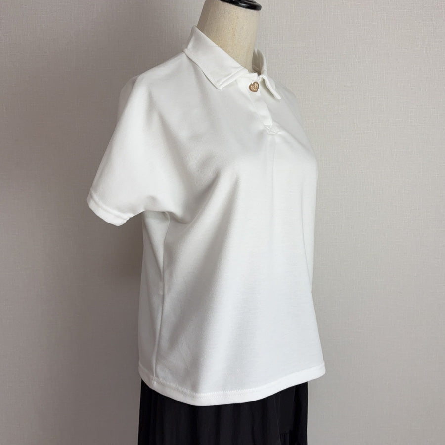 ショッピングゴー shoppinggo ハートボタン ポロシャツ 襟付き 半袖 Tシャツ クロップド丈 レディース 半袖 トップス 春夏 トップス カットソー デイリー 襟付きリブ半袖 リブtシャツ 韓国ファッション (ホワイト) ホワイト