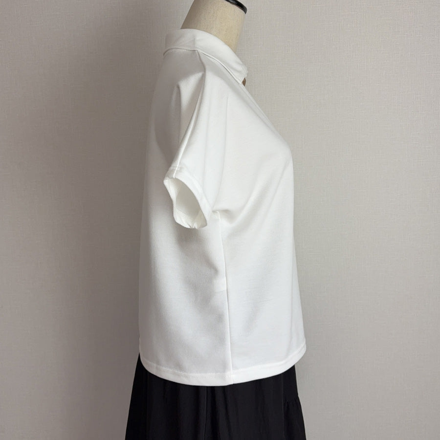 ショッピングゴー shoppinggo ハートボタン ポロシャツ 襟付き 半袖 Tシャツ クロップド丈 レディース 半袖 トップス 春夏 トップス カットソー デイリー 襟付きリブ半袖 リブtシャツ 韓国ファッション (ホワイト) ホワイト