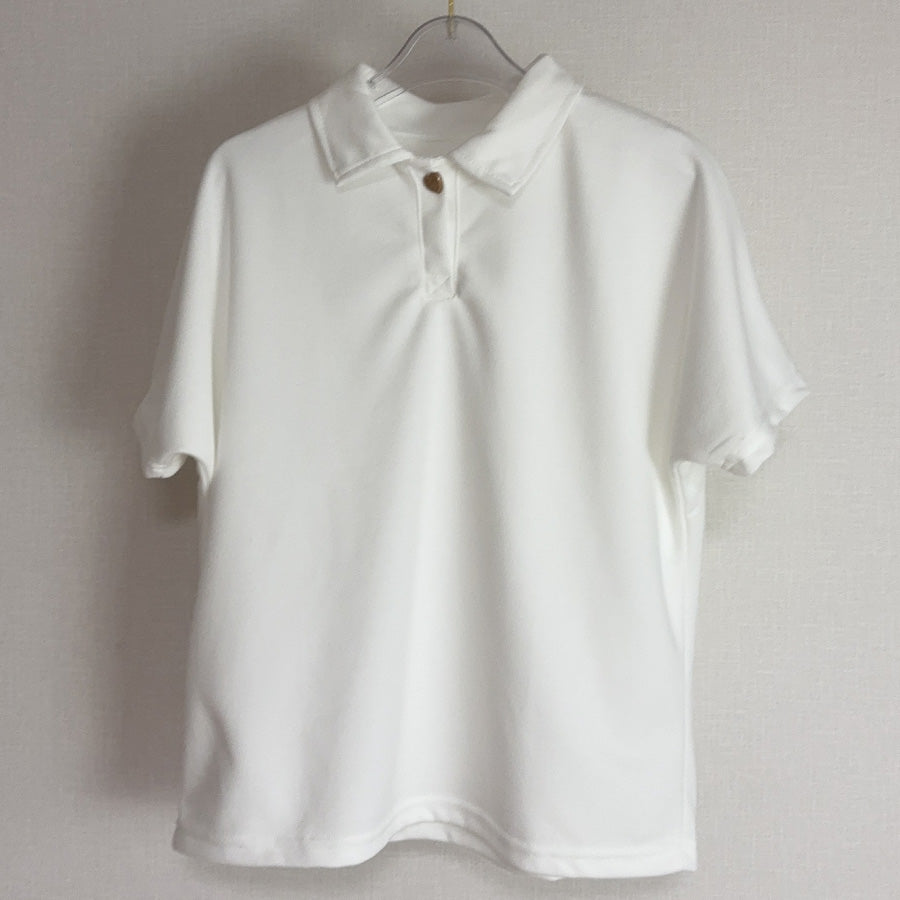 ショッピングゴー shoppinggo ハートボタン ポロシャツ 襟付き 半袖 Tシャツ クロップド丈 レディース 半袖 トップス 春夏 トップス カットソー デイリー 襟付きリブ半袖 リブtシャツ 韓国ファッション (ホワイト) ホワイト