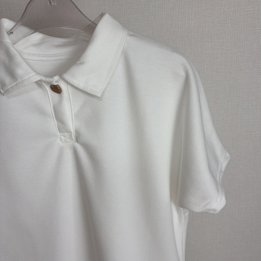 ショッピングゴー shoppinggo ハートボタン ポロシャツ 襟付き 半袖 Tシャツ クロップド丈 レディース 半袖 トップス 春夏 トップス カットソー デイリー 襟付きリブ半袖 リブtシャツ 韓国ファッション (ホワイト) ホワイト