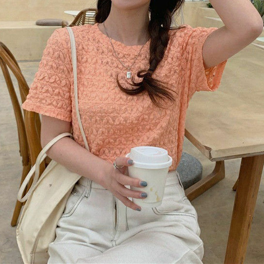 ショッピングゴー shoppinggo ブラウストップス 白 薄手 花柄 透かし編み Tシャツ レディース 半袖トップス 半袖カットソー おしゃれ 通勤 大人可愛い カジュアル (オレンジ) オレンジ
