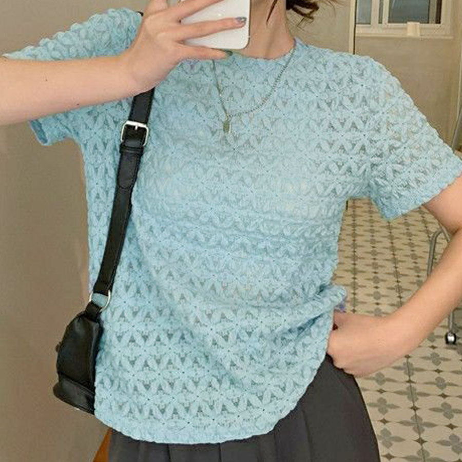 ショッピングゴー shoppinggo ブラウストップス 白 薄手 花柄 透かし編み Tシャツ レディース 半袖トップス 半袖カットソー おしゃれ 通勤 大人可愛い カジュアル (オレンジ) オレンジ