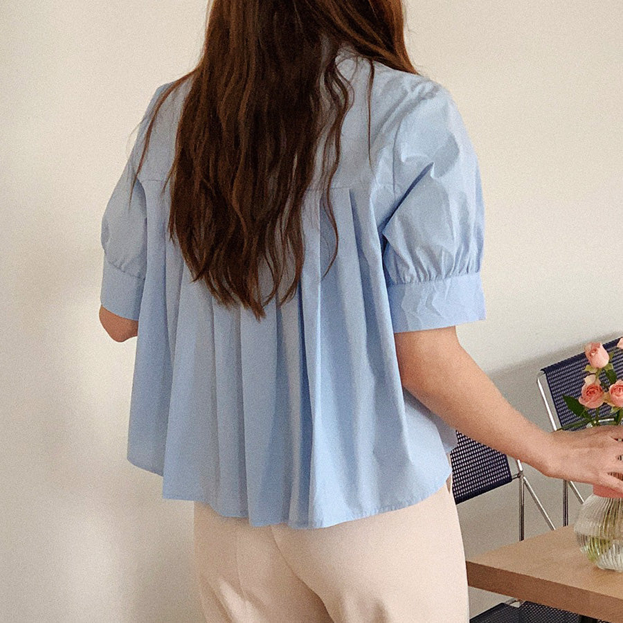 ショッピングゴー shoppinggo バックプリーツシャツ タック ブラウス 半袖シャツブラウス プリーツ バックシャン 体型カバー タック 立体感 優雅 着痩せ ボリューム感 (ブルー) ブルー