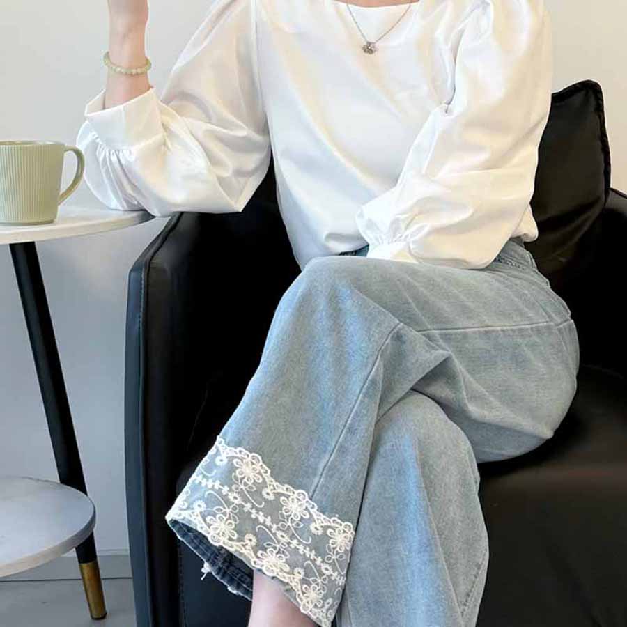 ショッピングゴー shoppinggo デニムパンツ 低身長 裾レース付き レディース ハイウエスト パンツ ワイド ハイウエスト ストレート ジーンズ ジーパン ストレートパンツ (ライトブルー) ライトブルー