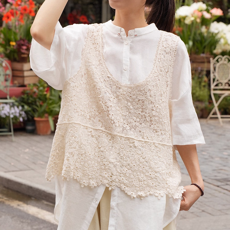 ショッピングゴー shoppinggo 透かし編みメッシュニット ノースリーブトップス サマーニット タン スリム 透け感 ニットトップス 女性 ス 羽織り 半袖 前ボタン フラワー 花柄 シースルー 婦人服 (ベージュ) ベージュ