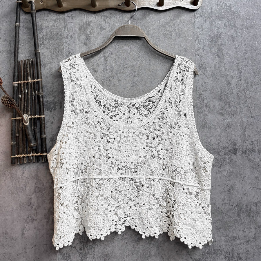 ショッピングゴー shoppinggo 透かし編みメッシュニット ノースリーブトップス サマーニット タン スリム 透け感 ニットトップス 女性 ス 羽織り 半袖 前ボタン フラワー 花柄 シースルー 婦人服 (ベージュ) ベージュ