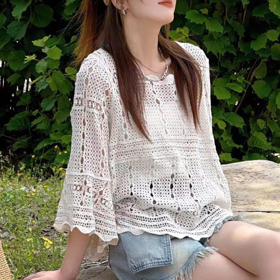 ショッピングゴー shoppinggo ニット 透かし編み シアーニット 透かし編みニット レディース 長袖クロシェ編みトップス 薄い ラウンドネック レトロ 透け感ニット 薄い シンプル アウター 無地 (ホワイト) ホワイト