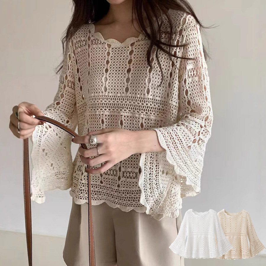 ショッピングゴー shoppinggo ニット 透かし編み シアーニット 透かし編みニット レディース 長袖クロシェ編みトップス 薄い ラウンドネック レトロ 透け感ニット 薄い シンプル アウター 無地 (ホワイト) ホワイト