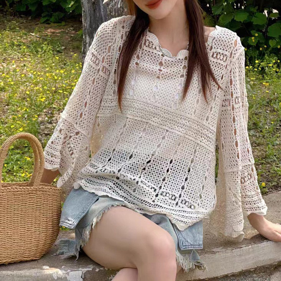 ショッピングゴー shoppinggo ニット 透かし編み シアーニット 透かし編みニット レディース 長袖クロシェ編みトップス 薄い ラウンドネック レトロ 透け感ニット 薄い シンプル アウター 無地 (ホワイト) ホワイト