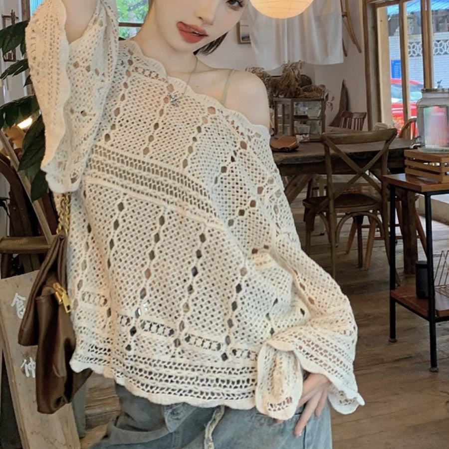 ショッピングゴー shoppinggo ニット 透かし編み シアーニット 透かし編みニット レディース 長袖クロシェ編みトップス 薄い ラウンドネック レトロ 透け感ニット 薄い シンプル アウター 無地 (ホワイト) ホワイト